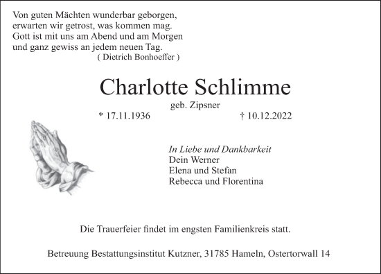 Traueranzeige von Charlotte Schlimme von Deister- und Weserzeitung