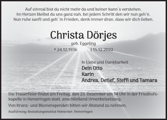 Traueranzeige von Christa Dörjes von Deister- und Weserzeitung
