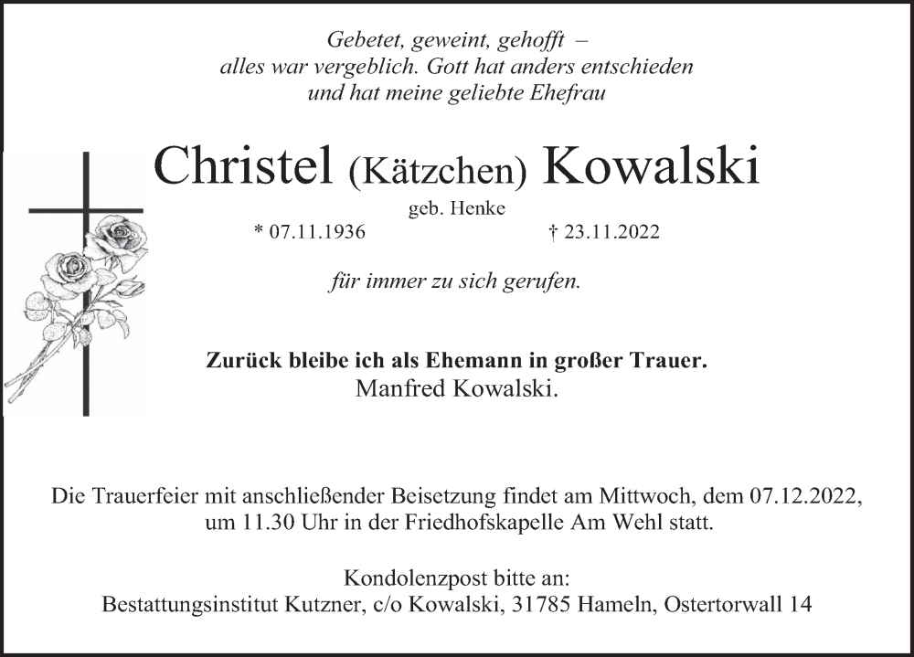  Traueranzeige für Christel Kowalski vom 02.12.2022 aus Deister- und Weserzeitung