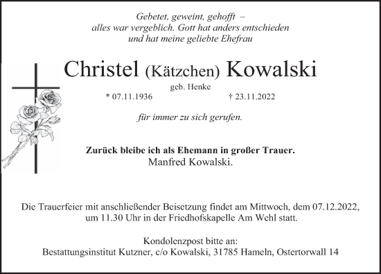 Traueranzeige von Christel Kowalski von Deister- und Weserzeitung