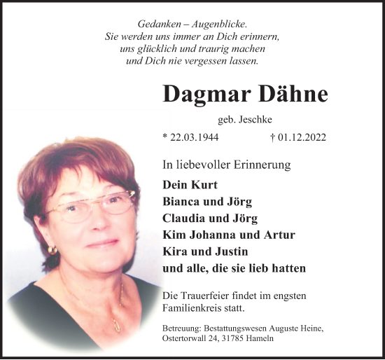 Traueranzeige von Dagmar Dähne von Deister- und Weserzeitung