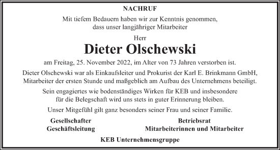 Traueranzeige von Dieter Olschewski von Deister- und Weserzeitung