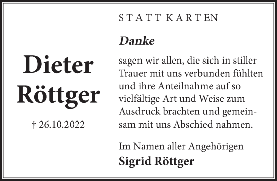 Traueranzeige von Dieter Röttger von Neue Deister-Zeitung