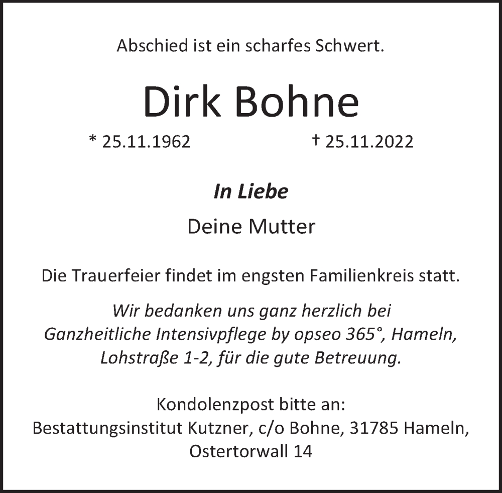  Traueranzeige für Dirk Bohne vom 03.12.2022 aus Deister- und Weserzeitung