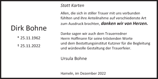Traueranzeige von Dirk Bohne von Deister- und Weserzeitung