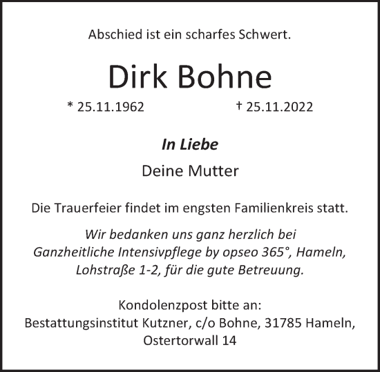 Traueranzeige von Dirk Bohne von Deister- und Weserzeitung