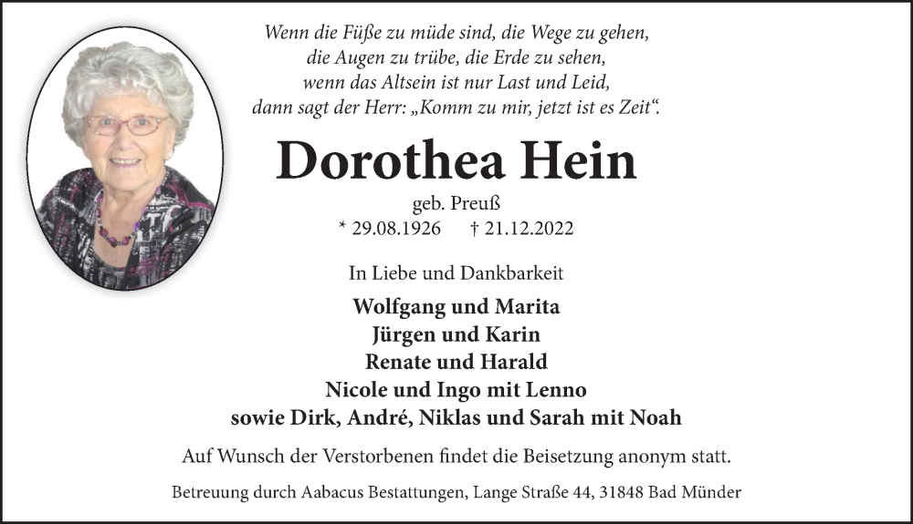  Traueranzeige für Dorothea Hein vom 31.12.2022 aus Neue Deister-Zeitung