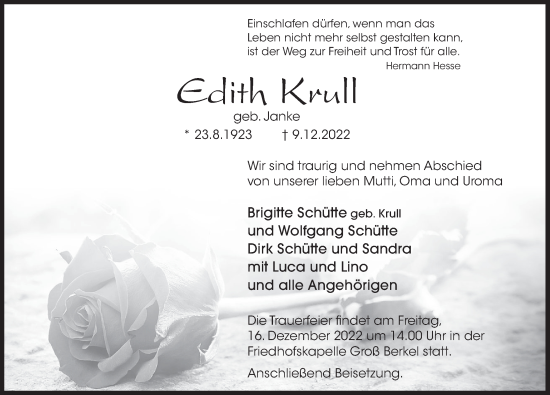Traueranzeige von Edith Krull von Deister- und Weserzeitung