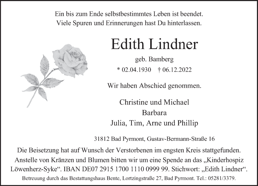  Traueranzeige für Edith Lindner vom 14.12.2022 aus Deister- und Weserzeitung