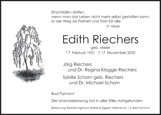 Traueranzeige von Edith Riechers von Deister- und Weserzeitung