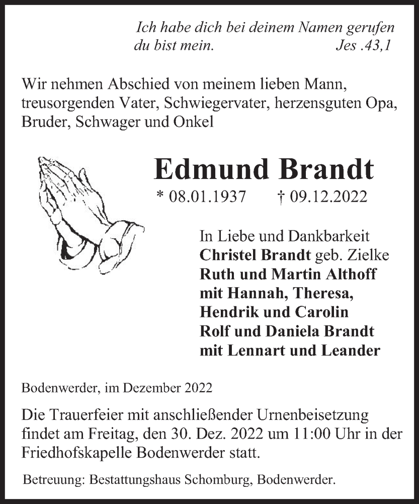  Traueranzeige für Edmund Brandt vom 23.12.2022 aus Deister- und Weserzeitung