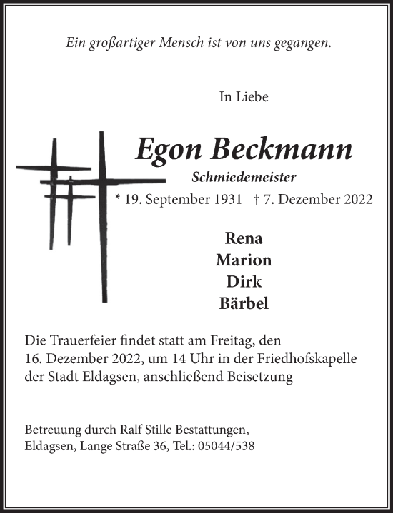 Traueranzeige von Egon Beckmann von Neue Deister-Zeitung