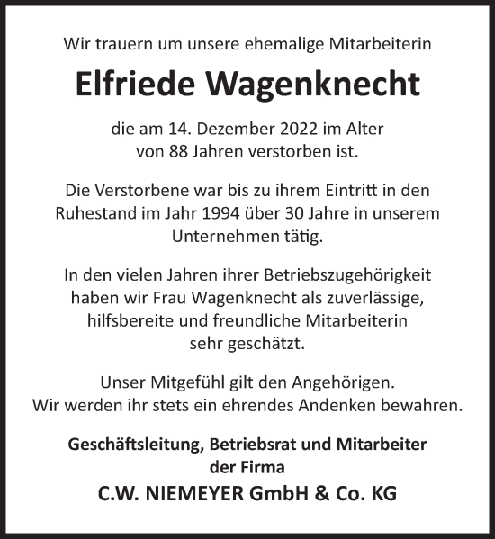 Traueranzeige von Elfriede Wagenknecht von Deister- und Weserzeitung