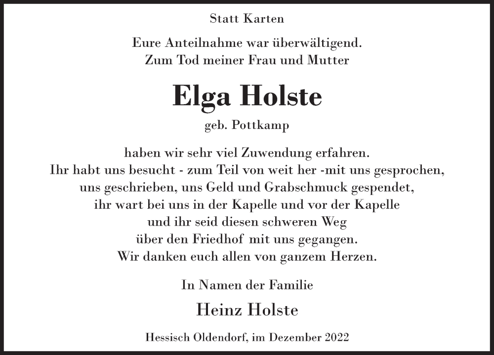  Traueranzeige für Elga Holste vom 21.12.2022 aus Deister- und Weserzeitung