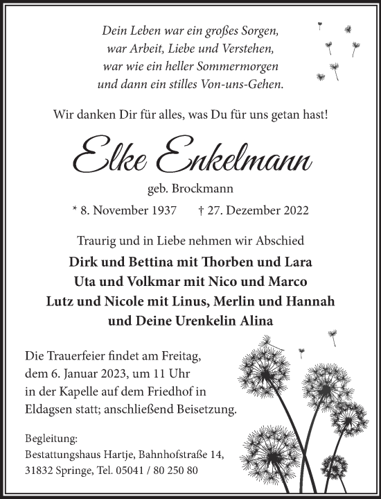 Traueranzeige von Elke Enkelmann von Neue Deister-Zeitung