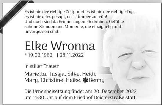 Traueranzeige von Elke Wronna von Deister- und Weserzeitung