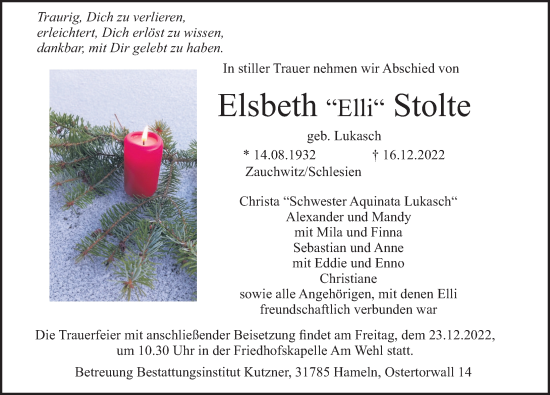 Traueranzeige von Elsbeth Stolte von Deister- und Weserzeitung