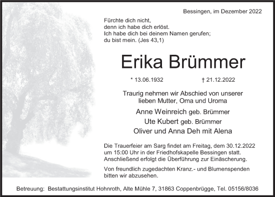 Traueranzeige von Erika Brümmer von Deister- und Weserzeitung