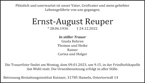 Traueranzeige von Ernst-August Reuper von Deister- und Weserzeitung
