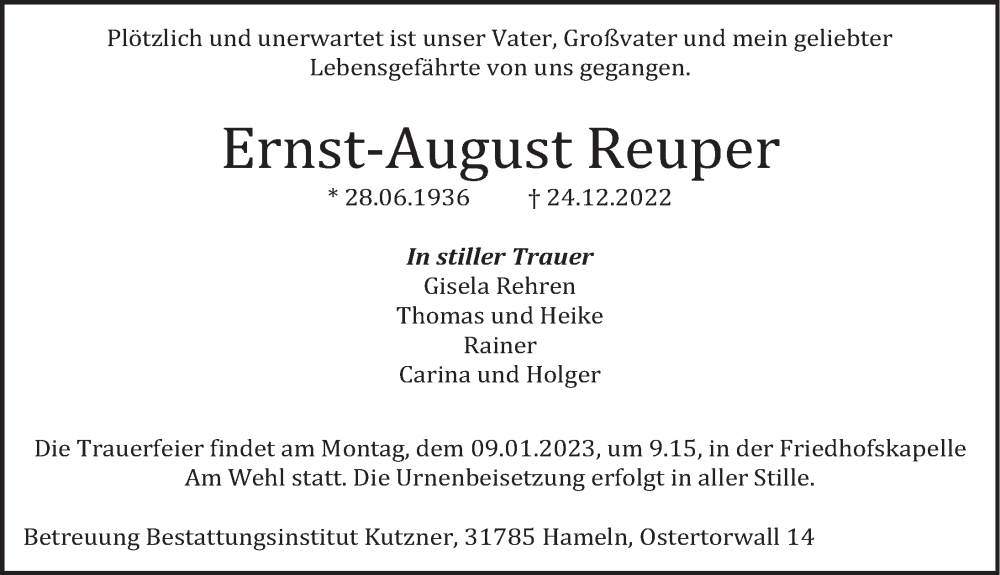  Traueranzeige für Ernst-August Reuper vom 30.12.2022 aus Deister- und Weserzeitung