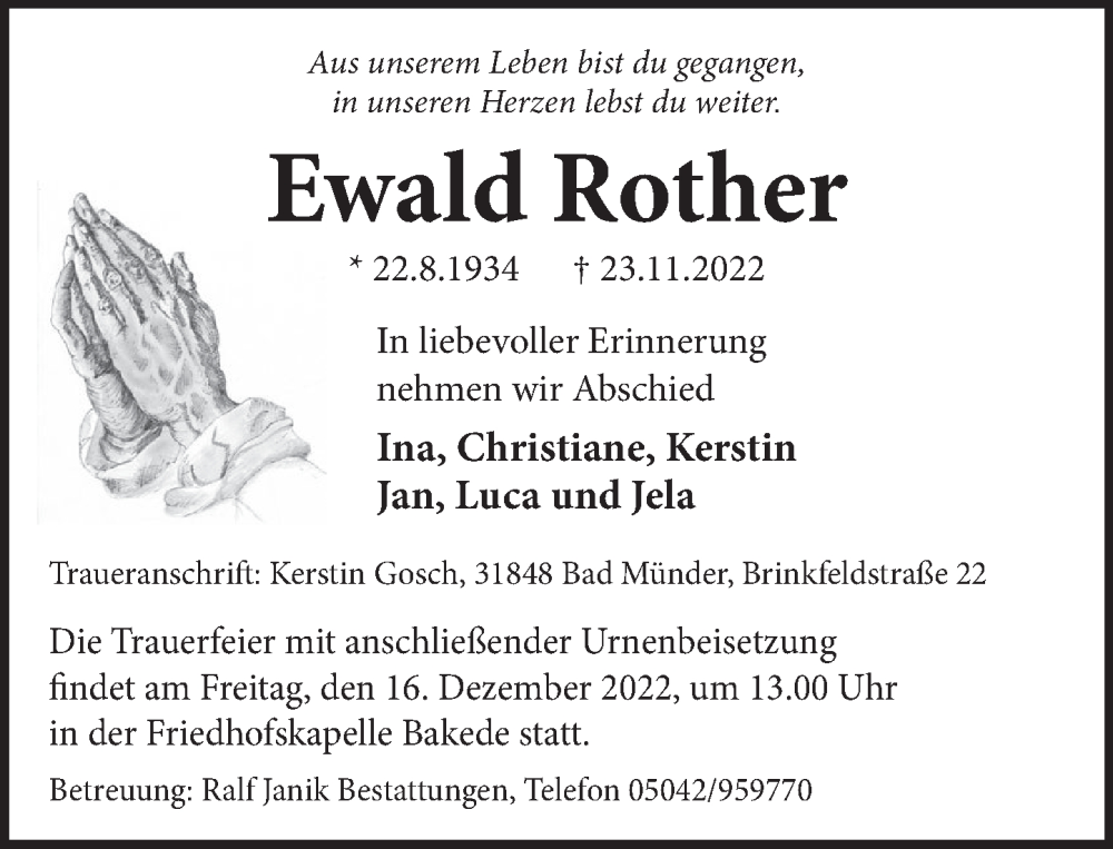  Traueranzeige für Ewald Rother vom 10.12.2022 aus Neue Deister-Zeitung