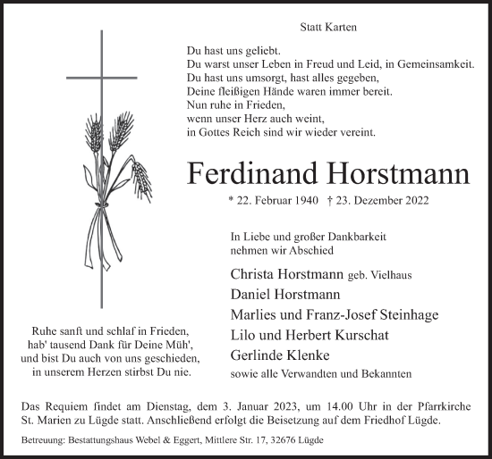 Traueranzeige von Ferdinand Horstmann von Deister- und Weserzeitung