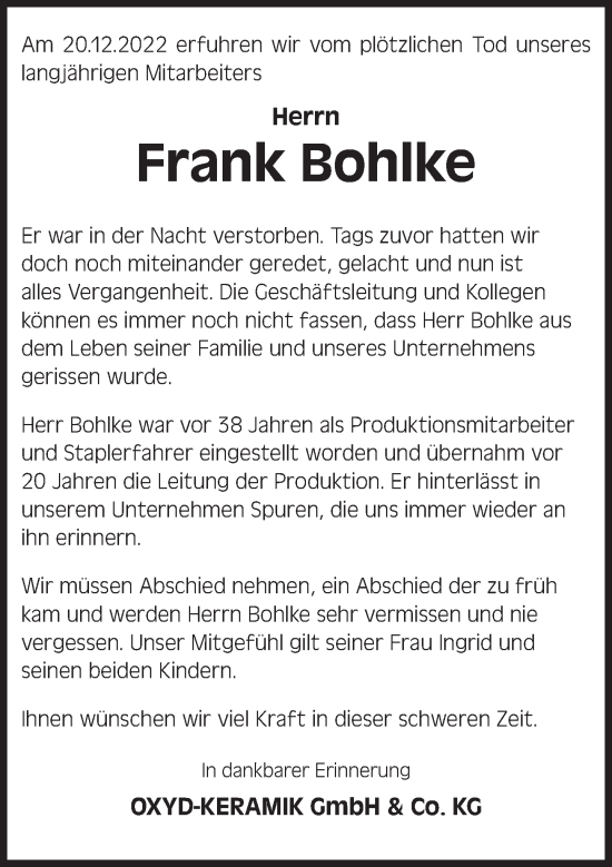 Traueranzeige von Frank Bohlke von Deister- und Weserzeitung