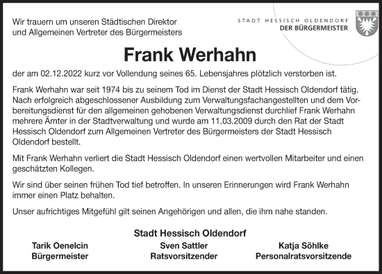 Traueranzeige von Frank Wehrhahn von Deister- und Weserzeitung