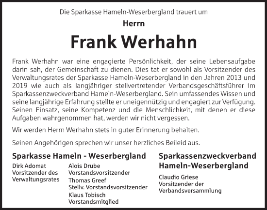 Traueranzeige von Frank Werhahn von Deister- und Weserzeitung