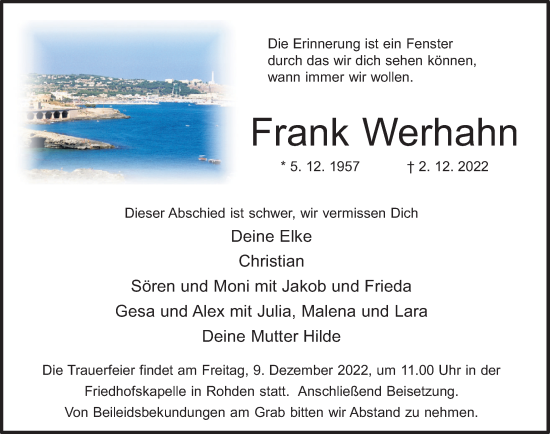 Traueranzeige von Frank Werhahn von Deister- und Weserzeitung