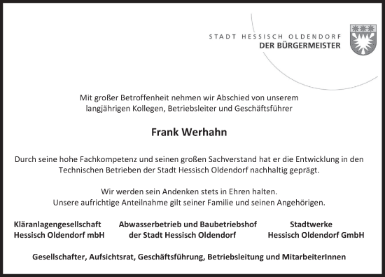 Traueranzeige von Frank Werhahn von Deister- und Weserzeitung