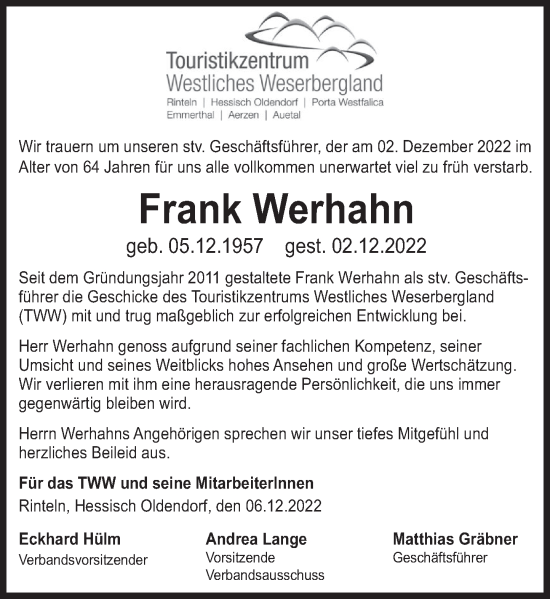 Traueranzeige von Frank Werhahn von Deister- und Weserzeitung