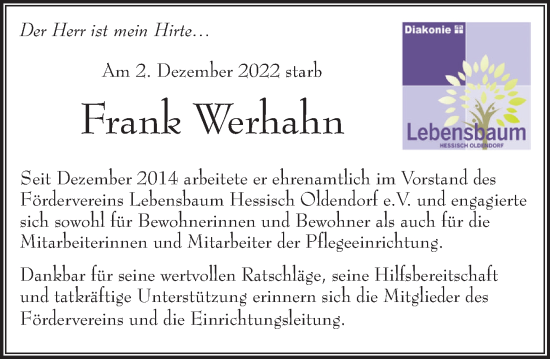 Traueranzeige von Frank Werhahn von Deister- und Weserzeitung