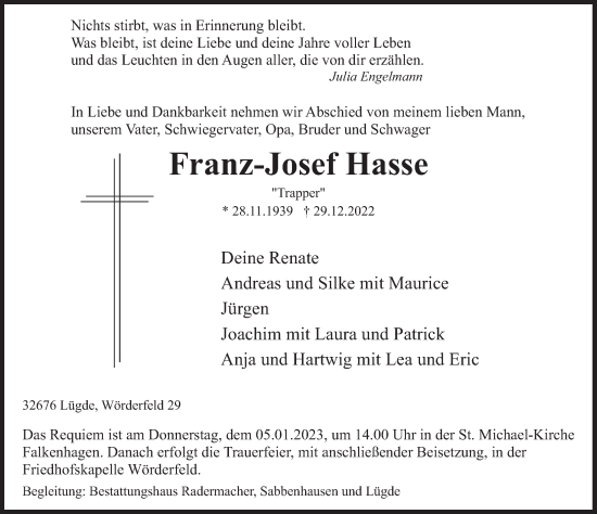 Traueranzeige von Franz-Josef Hasse von Deister- und Weserzeitung