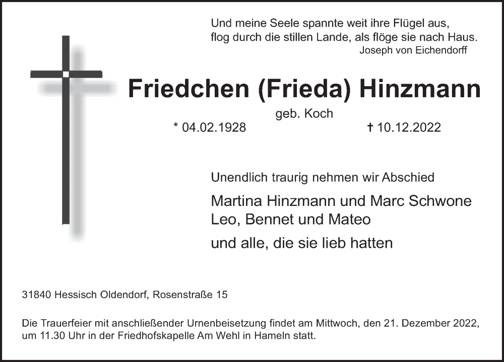  Traueranzeige für Friedchen Hinzmann vom 17.12.2022 aus Deister- und Weserzeitung