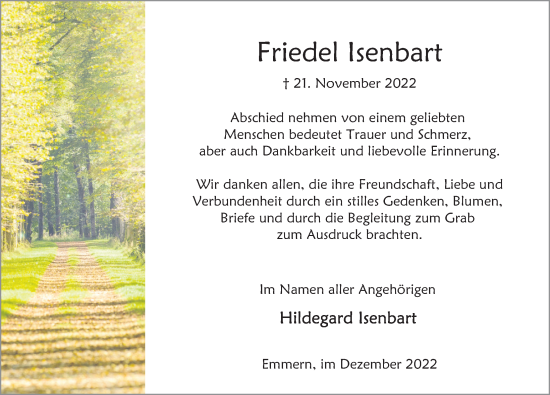 Traueranzeige von Friedel Isenbart von Deister- und Weserzeitung