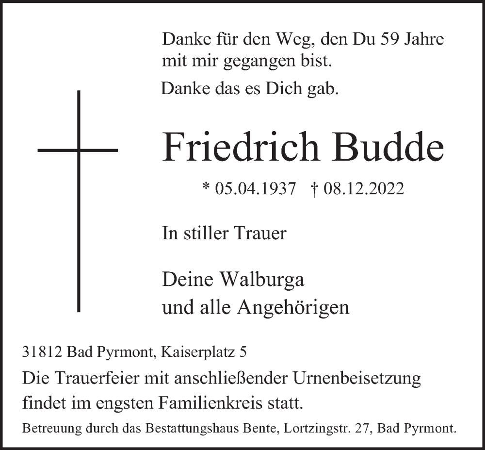  Traueranzeige für Friedrich Budde vom 17.12.2022 aus Deister- und Weserzeitung