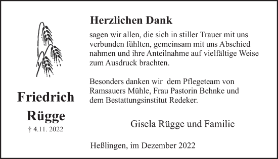 Traueranzeige von Friedrich Rügge von Deister- und Weserzeitung