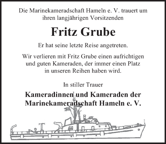 Traueranzeige von Fritz Grube von Deister- und Weserzeitung