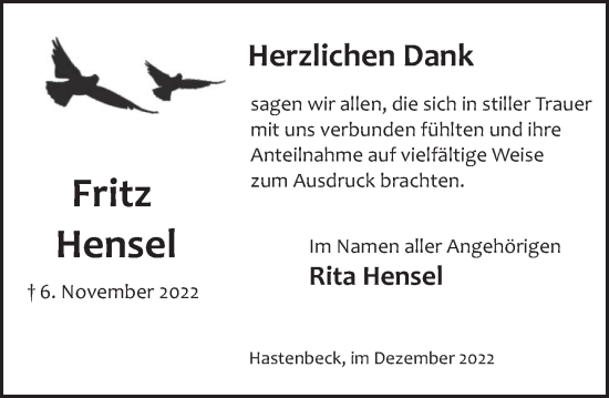Traueranzeige von Fritz Hensel von Deister- und Weserzeitung