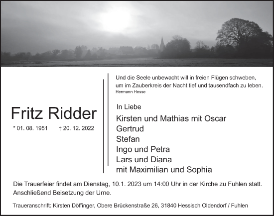 Traueranzeige von Fritz Ridder von Deister- und Weserzeitung