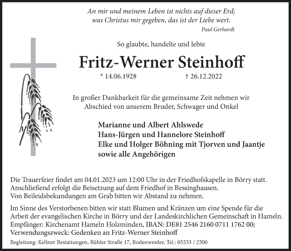  Traueranzeige für Fritz-Werner Steinhoff vom 30.12.2022 aus Deister- und Weserzeitung