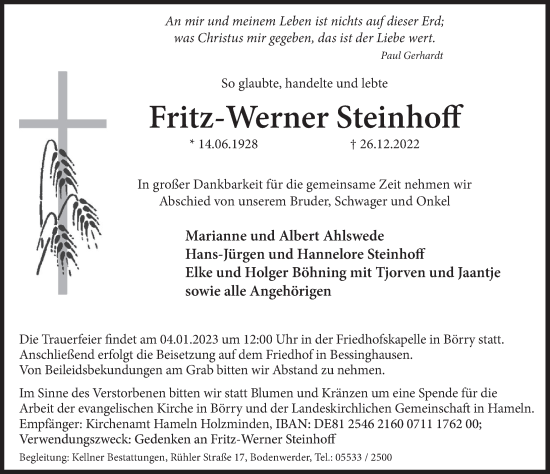 Traueranzeige von Fritz-Werner Steinhoff von Deister- und Weserzeitung