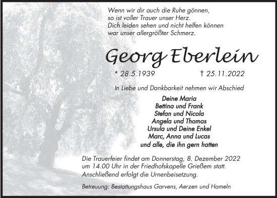 Traueranzeige von Georg Eberlein von Deister- und Weserzeitung