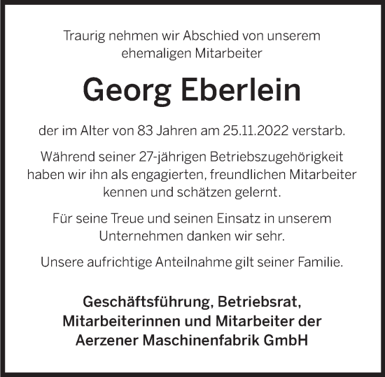 Traueranzeige von Georg Eberlein von Deister- und Weserzeitung