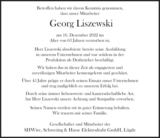 Traueranzeige von Georg Liszewski von Deister- und Weserzeitung