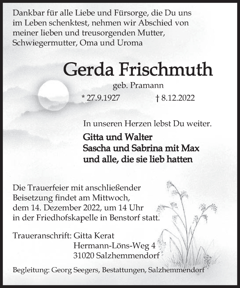  Traueranzeige für Gerda Frischmuth vom 12.12.2022 aus Deister- und Weserzeitung