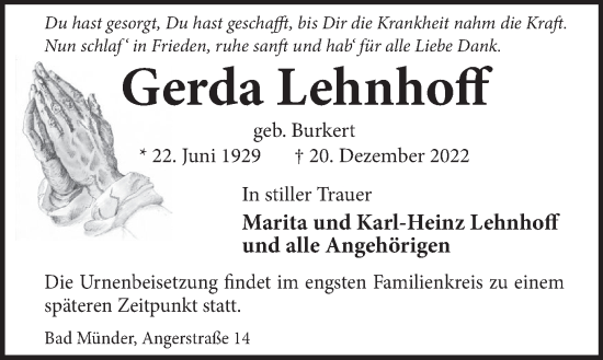 Traueranzeige von Gerda Lehnhoff von Neue Deister-Zeitung