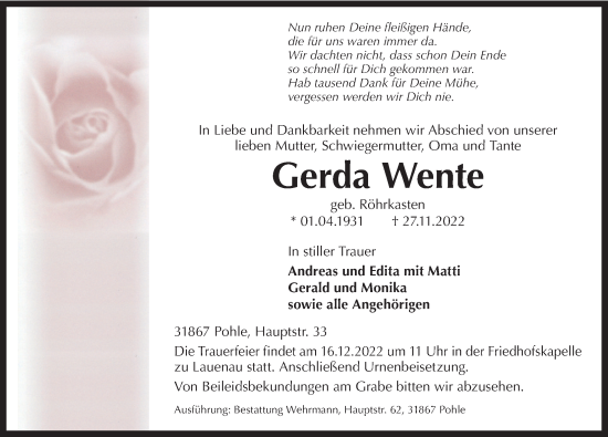 Traueranzeige von Gerda Wente von Neue Deister-Zeitung