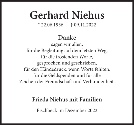 Traueranzeige von Gerhard Niehus von Deister- und Weserzeitung